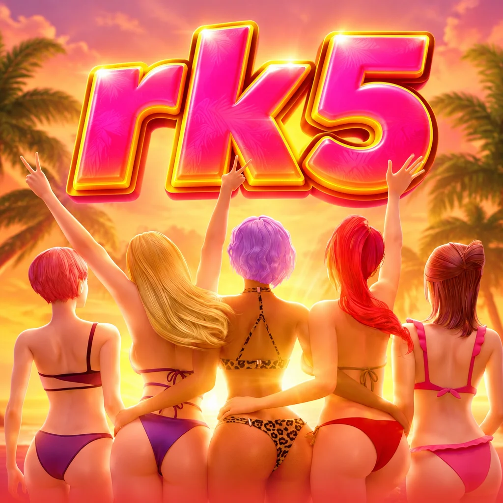 rk5 bertema Bikini Paradise menampilkan lima wanita berbikini di pantai saat matahari terbenam