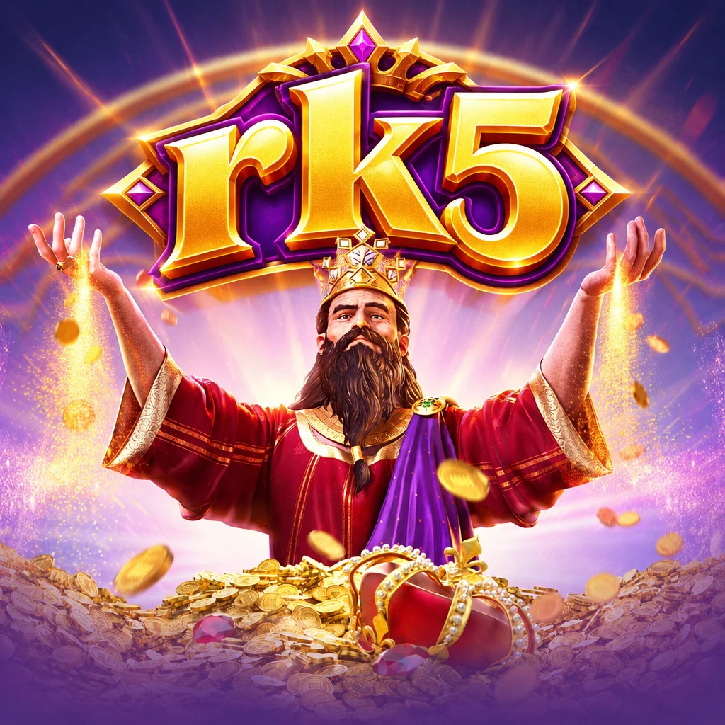 rk5 bertema Midas Fortune memperlihatkan Raja Midas dengan mahkota dan tumpukan koin emas