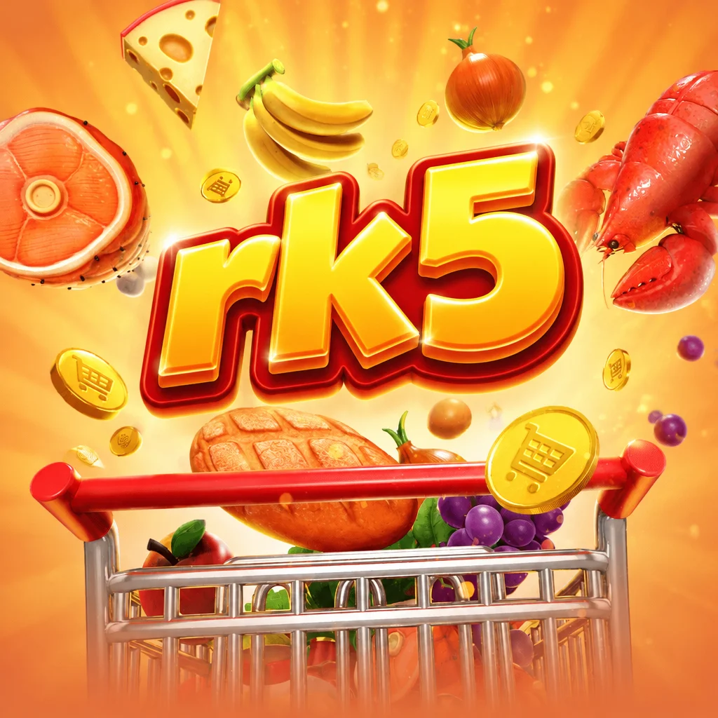 rk5 bertema Supermarket Spree menampilkan karakter kasir dan keranjang belanja penuh bahan makanan